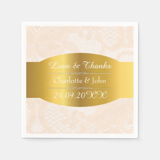 Royal gepersonaliseerde gouden pastel kant bruilof servetten (Voorkant)