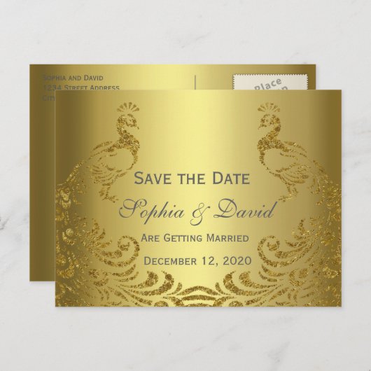 Royal Gold Abstract Pauw Trouwdag SAVE THE DATE Aankondigingskaart (Voorkant / Achterkant)