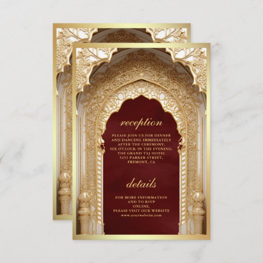 Royal Gold Arch Maroon Bruiloft Informatiekaartje (Voorkant / Achterkant)