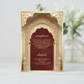 Royal Gold Arch Maroon Bruiloft Informatiekaartje (Staand voorkant)