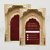 Royal Gold Arch Maroon Bruiloft RSVP Kaartje (Voorkant / Achterkant)