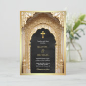 Royal Gold Arch Religieus Christelijk Zwart Bruilo Kaart (Staand voorkant)