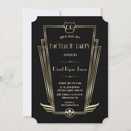 Royal Gold Art Deco Monogram Bachelor Party Kaart (Voorkant)