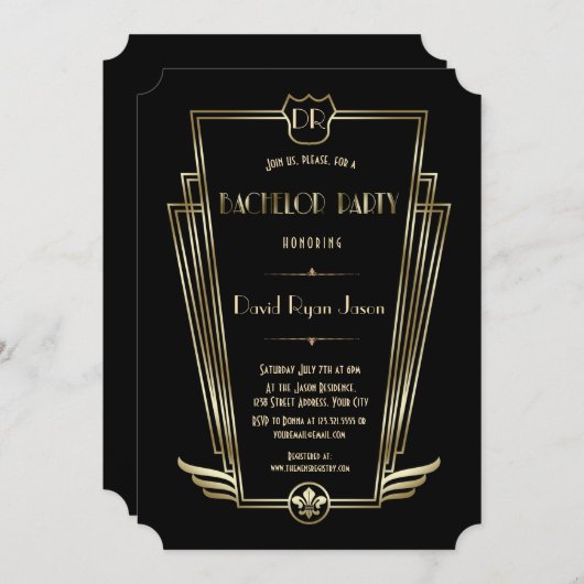 Royal Gold Art Deco Monogram Bachelor Party Kaart (Voorkant / Achterkant)