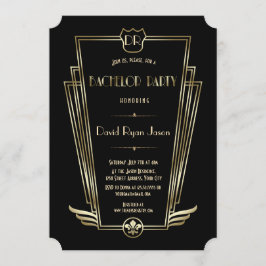 Royal Gold Art Deco Monogram Bachelor Party Kaart
