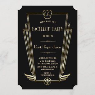 Royal Gold Art Deco Monogram Bachelor Party Kaart