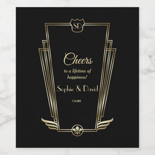 Royal Gold Art Deco Monogram Black Weddenschap Wijn Etiket (Enkel label)