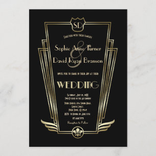 Royal Gold Art Deco Monogram Black Wedding Invite Kaart
