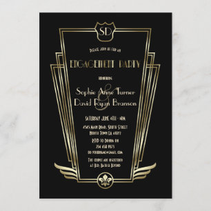 Royal Gold Art Deco Monogram Engagement Party Kaart