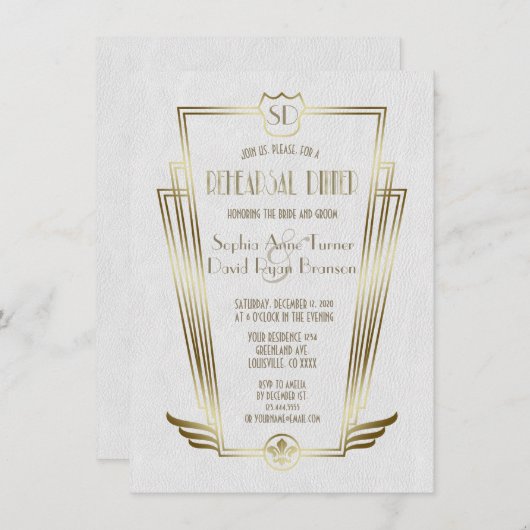 Royal Gold Art Deco Monogram Rehearsal Dinner Kaart (Voorkant / Achterkant)