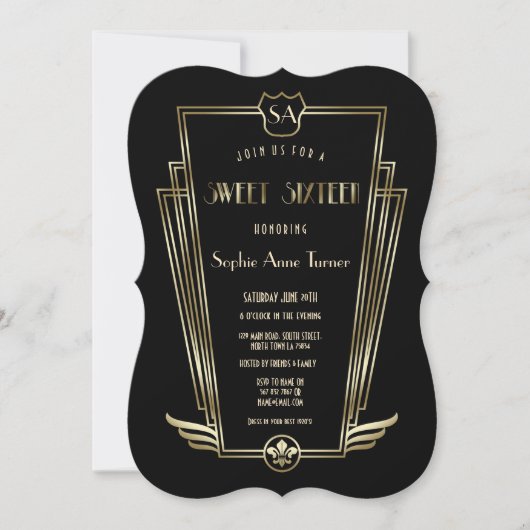 Royal Gold Art Deco Monogram SWEET 16 Kaart (Voorkant)