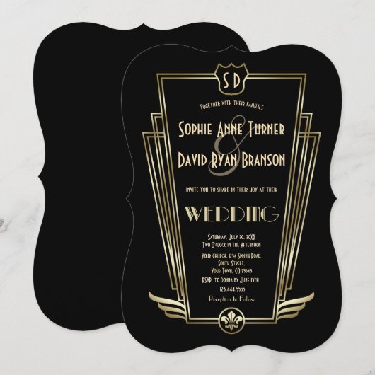 Royal Gold Art Deco Monogram Wedding Invite Kaart (Voorkant / Achterkant)