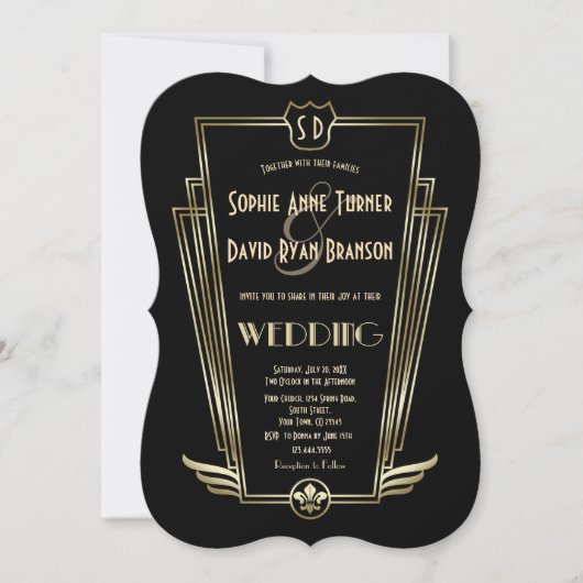 Royal Gold Art Deco Monogram Wedding Invite Kaart (Voorkant)