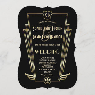 Royal Gold Art Deco Monogram Wedding Invite Kaart