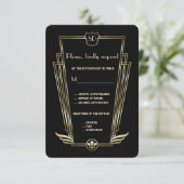 Royal Gold Art Deco Monogram Wedding RSVP Kaartje (Staand voorkant)