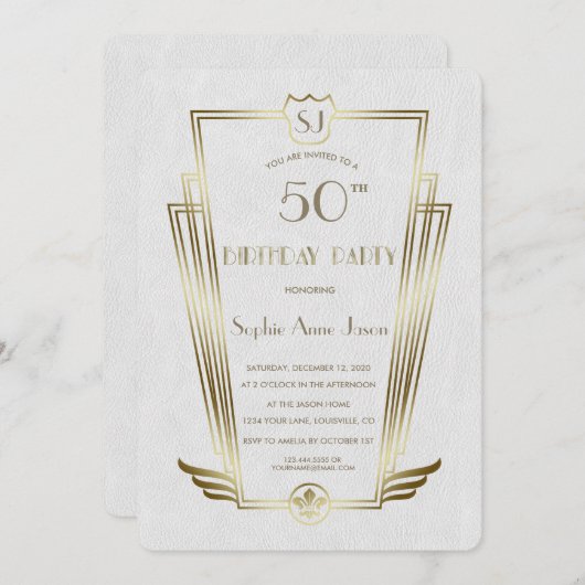 Royal Gold Art Deco Monogram White Birthday Party Kaart (Voorkant / Achterkant)