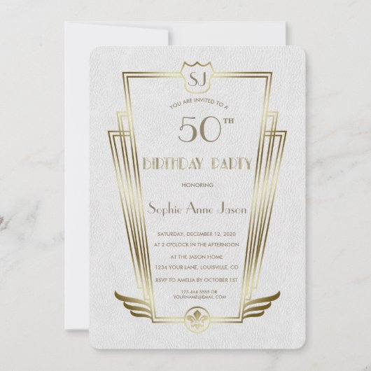Royal Gold Art Deco Monogram White Birthday Party Kaart (Voorkant)