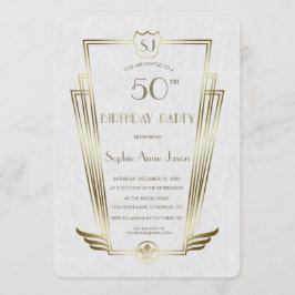 Royal Gold Art Deco Monogram White Birthday Party Kaart