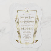 Royal Gold Art Deco Monogram White Wedding Invite Kaart (Voorkant / Achterkant)