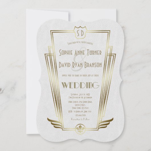 Royal Gold Art Deco Monogram White Wedding Invite Kaart (Voorkant)
