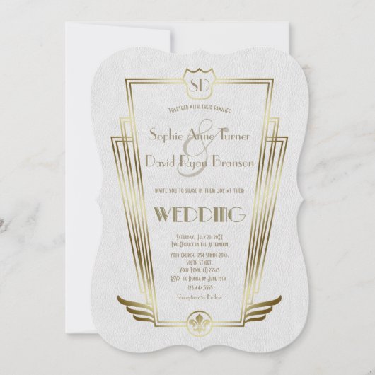 Royal Gold Art Deco Monogram White Wedding Invite Kaart (Voorkant)