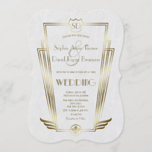Royal Gold Art Deco Monogram White Wedding Invite Kaart