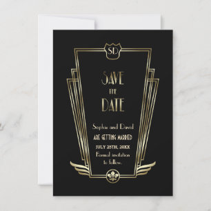 Royal Gold Black Art Deco Monogram sparen de datum Kaart