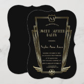 Royal Gold Black Art Deco Monogram Sweet 16 Invite Kaart (Voorkant / Achterkant)