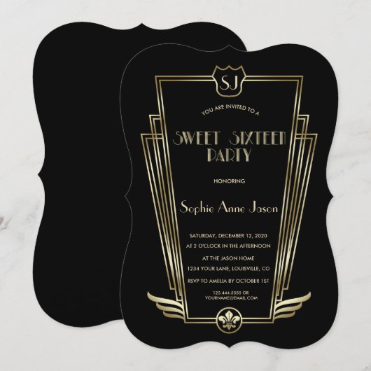 Royal Gold Black Art Deco Monogram Sweet 16 Invite Kaart (Voorkant / Achterkant)