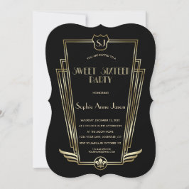 Royal Gold Black Art Deco Monogram Sweet 16 Invite Kaart