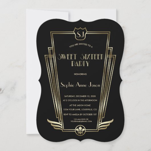 Royal Gold Black Art Deco Monogram Sweet 16 Invite Kaart (Voorkant)