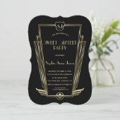 Royal Gold Black Art Deco Monogram Sweet 16 Invite Kaart (Staand voorkant)