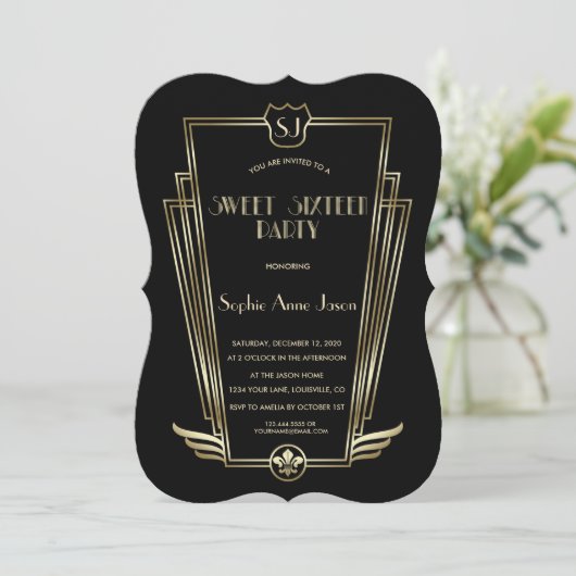 Royal Gold Black Art Deco Monogram Sweet 16 Invite Kaart (Staand voorkant)