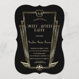 Royal Gold Black Art Deco Monogram Sweet 16 Invite Kaart