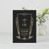 Royal Gold Black Art Deco Monogram Uitnodiging Voo (Staand voorkant)