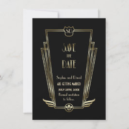 Royal Gold Black Art Deco Monogram Uitnodiging Voo