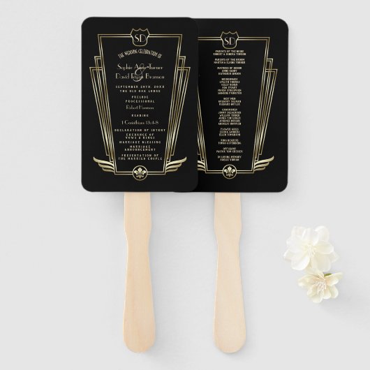 Royal Gold Black Art Deco Monogram Weddenprogramma Handwaaier (Voorkant en achterkant)