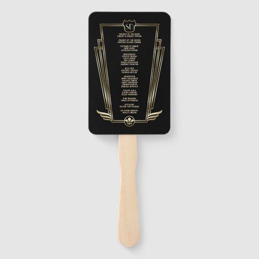 Royal Gold Black Art Deco Monogram Weddenprogramma Handwaaier (Achterkant)