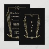 Royal Gold Black Art Deco Monogram Weddenschap RSV RSVP Kaartje (Voorkant / Achterkant)