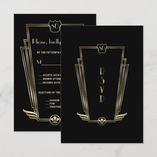 Royal Gold Black Art Deco Monogram Weddenschap RSV RSVP Kaartje (Voorkant / Achterkant)