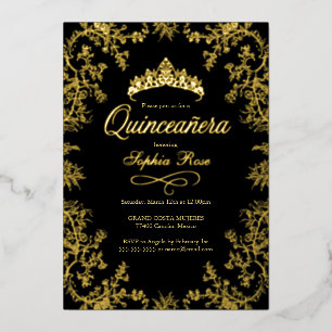 Royal Gold Black Crown Floral Quinceanera Folie Uitnodiging