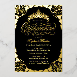 Royal Gold Black Elegant Script Quinceanera Folie Uitnodiging