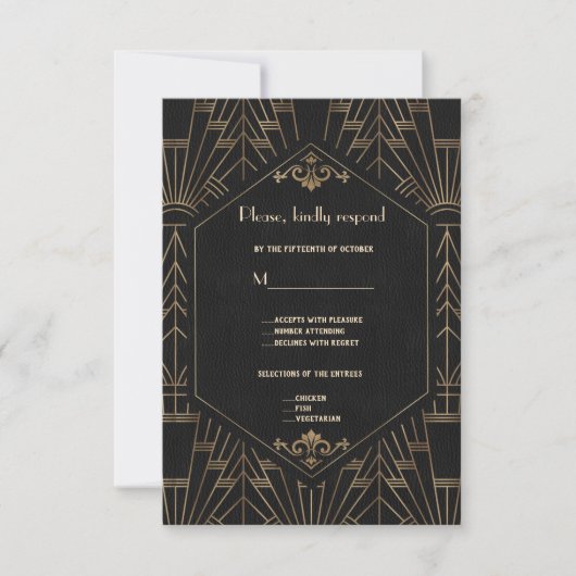 Royal Gold Black Great Gatsby 1920s Wedding RSVP (Voorkant)
