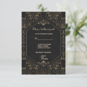 Royal Gold Black Great Gatsby 1920s Wedding RSVP Kaartje (Staand voorkant)