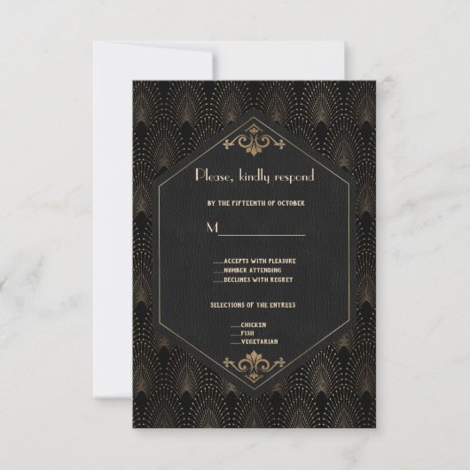 Royal Gold Black Great Gatsby Art Deco Wedding RSVP Kaartje (Voorkant)