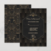 Royal Gold Black Great Gatsby Art Deco Wedding RSVP Kaartje (Voorkant / Achterkant)
