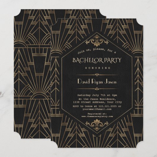 Royal Gold Black Great Gatsby Bachelor Party uit 1 Kaart (Voorkant / Achterkant)