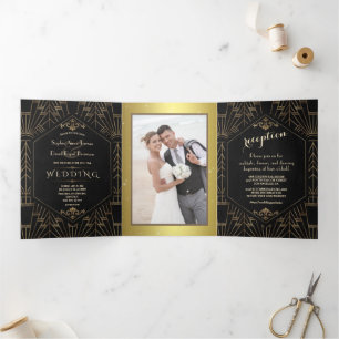 Royal Gold Black Great Gatsby Wedding 1920 Drieluik Uitnodiging