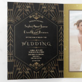 Royal Gold Black Great Gatsby Wedding 1920 Drieluik Uitnodiging (Binnenzijde eerst)