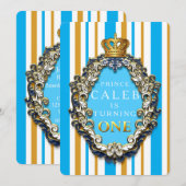 Royal Gold & Blue Crown 1e verjaardag uitnodiging (Voorkant / Achterkant)